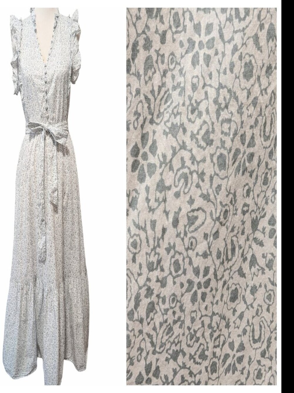 Outerknown Womens Size S Gray Green Floral Ruffles Cotton Cottagecore Midi Dress